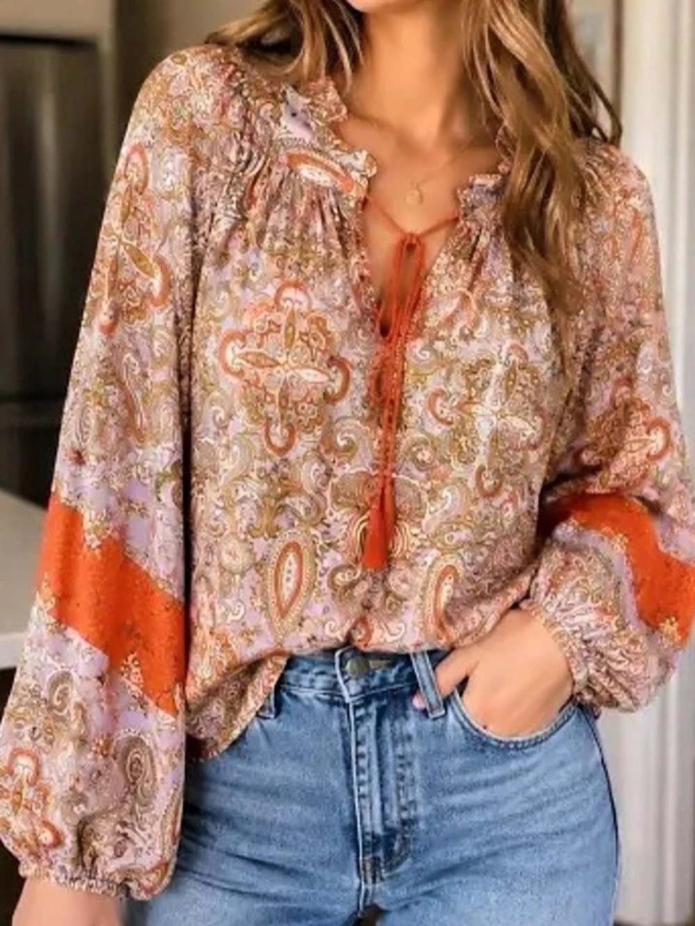 Free People Paisley Balloon Sleeve Blouse in Orange & Purple Size Large